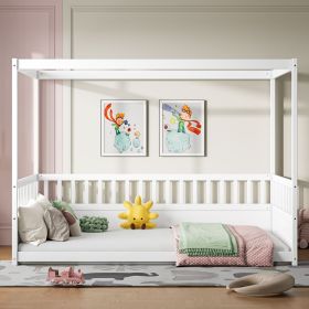 Full Size Canopy Bed Frame with Guardrails for Kids,Floor Bed Full with Four Poster Design,Kids Montessori Floor Bed,Wood Canopy Bed Frame for Girls