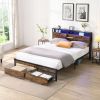 King Size Metal Platform Bed Frame with Wooden Headboard and with Footboard USB,Charging Station,2 Drawers,storage, LED Lights, No Box Spring Needed