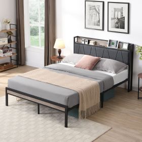 Full Size Metal Platform Bed Frame with upholstery storage function Headboard and USB LINER and Footboard , No Box Spring Needed