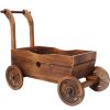 Wooden Wagon Planter Box, Mobile Garden Planter with 4 Wheels, Handle, Drain Hole, Decorative Flower Planter for Indoor & Outdoor Decor