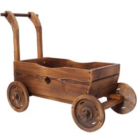 Wooden Wagon Planter Box, Mobile Garden Planter with 4 Wheels, Handle, Drain Hole, Decorative Flower Planter for Indoor & Outdoor Decor