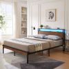 Full Size Metal Platform Bed Frame with Wooden Headboard and Footboard with USB LINER, LED Lights, No Box Spring Needed, Large Under Bed Storage