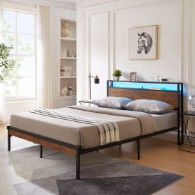 King Size Metal Platform Bed Frame with Wooden Headboard and Footboard with USB LINER, LED Lights ,No Box Spring Needed, Large Under Bed Storage