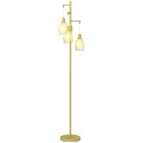 Industrial Floor Lamp with 3 Hanging Wire Lampshades, Dimmable Standing Lamp for Living Room, Gold