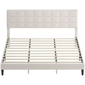 King Size Bed Frame with Upholstered Headboard, Modern Platform Bed Frame with Wood Slats, 1100 lbs Capacity, Cream