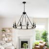 32" Rustic Farmhouse 10-Light Candle Chandelier, Black Metal and Wood Round Hanging Light Fixture for Dining Room, Kitchen, Living Room