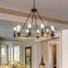 32" Rustic Farmhouse 10-Light Candle Chandelier, Black Metal and Wood Round Hanging Light Fixture for Dining Room, Kitchen, Living Room