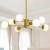 35" Modern 8-Light Gold Chandelier with White Glass Globe Shades, Mid-Century Branching Design, Elegant Ceiling Light Fixture for Dining Room