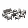 8-Piece Metal Patio Furniture Set, 9-Seat All-Weather Conversation Sofa with 4 Inches Thick Gray Cushions, Black Frame, Coffee Table, Side Table