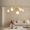 35" Modern 8-Light Gold Chandelier with White Glass Globe Shades, Mid-Century Branching Design, Elegant Ceiling Light Fixture for Dining Room