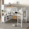 Metal Loft Bed with Wardrobe And L-shaped Desk, Queen Size Loft Bed with Storage Cubes and Shelves, Heavy Duty Loft Bed for Kids Teens Adults, White