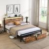 Queen Size Bed Frame with Storage Headboard and 2 Drawers, LED Lights Bed with Charging Station, Metal Platform Bed No Noise
