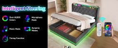 Queen size Upholstered bed, 360 surround LED function, Buttons/Apps/Remote Control, hydraulic storage bed with USB Type-C charging, Gray
