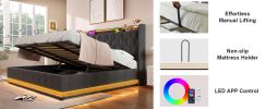 Queen size Upholstered bed, 360 surround LED function, Buttons/Apps/Remote Control, hydraulic storage bed with USB Type-C charging, Gray