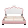 Full size Upholstered Princess Bed With Crown Headboard,Full Size Platform Bed with Headboard and Footboard, White+Pink