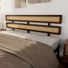 Dark walnut wood painted finish + rattan and pine wood double headboard King size bed, Bohemian style