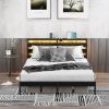 Full Size Metal Platform Bed Frame with Wooden Headboard and Footboard with USB LINER, LED Lights, No Box Spring Needed, Under Bed Storage