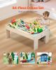 Train Table, 84 Multicolor Pieces Wooden Kids Activity Table with Collapsible Storage Bin, 3-in-1 Wooden Train Set for Gaming, Drawing, Reading