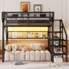 Full Size Loft Bed with Stairs, Metal Full Loft Bed with Light and Storage, High Loft Bed with Wardrobe and Storage for Kids Teens Adults