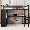 Queen Size Loft Bed Frame with Built-in Wardrobe, Metal Loft Bed with Desk and Storage Shelves, Black
