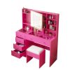 Barbie pink particle board, tempered glass top, linen-finished triamcinol finish, 5-drawer dressing table set with shelves and hooks, power strip