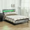 Full Bed Frame with Storage Upholstered Headboard, Full Size Bed Frame with LED Lights, Charging Station, Cement Gray