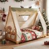 Twin Size Montessori House Floor Bed with Removable Canopy Tent, Solid Wood Kids Bed with Guardrails - Natural