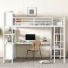 Metal Loft Bed with Wardrobe And L-shaped Desk, Queen Size Loft Bed with Storage Cubes and Shelves, Heavy Duty Loft Bed for Kids Teens Adults, White
