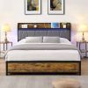 Queen Size Bed Frame, Storage Headboard with Charging Station and 4 Storage Drawers,LED Lights , Brown and and Gray