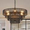 20" Rustic 4-Tier Black Hemp Rope Pendant Light Chandelier with 6 E12 Sockets, Handmade Tiered Boho Ceiling Light Fixture for Dining Room, Kitchen