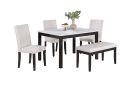 Classic Stylish 5pc Dining Set Kitchen Dinette Faux Marble Top Table Bench and 3x Chairs White Faux Leather Cushions Seats Dining Room