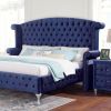Glamorous Blue 1pc Queen Size Bed Velvet Like Fabric Tufted Wingback Headboard Bedroom Furniture