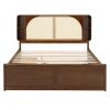 Queen Size Rattan Headboard Bed with Two Drawers and Trundle, Walnut