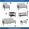 8-Piece Metal Patio Furniture Set, 9-Seat All-Weather Conversation Sofa with 4 Inches Thick Gray Cushions, Black Frame, Coffee Table, Side Table