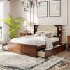 Queen Size Rattan Headboard Bed with Two Drawers and Trundle, Walnut
