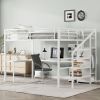 Queen Size Loft Bed with L-shaped Desk and USB, Metal Loft Bed with Wardrobe and Adjustable Shelf, High Loft Bed with LED for Kids Teens Adults, White