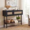 Black Rattan Console Table with Storage Cabinets & Open Shelf, 40 Inch Entryway Table with Sturdy Carbon Steel Frame for Living Room, Hallway