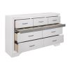 Modern Glam Dresser of 7 Drawers White and Silver Glitter Hidden Jewelry Drawers Ball Bearing Glides Modern Wooden Bedroom Furniture