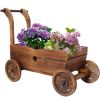 Wooden Wagon Planter Box, Mobile Garden Planter with 4 Wheels, Handle, Drain Hole, Decorative Flower Planter for Indoor & Outdoor Decor