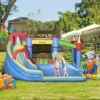 6-in-1 Inflatable Bounce House, Kids Outdoor Play Castle with Slide Trampoline Water Gun Throwing Wall Blue and Yellow