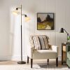 68"H Metal Floor Lamp with Adjustable Dual Shades, Black and Gold Finish, White Linen Shades
