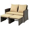 Outdoor Patio Furniture Set, PE Rattan Loveseat + 2 Ottomans Removable Cushions Metal Frame