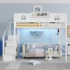 Queen Size Loft Bed with Stairs, Metal Queen Loft Bed with High and House Shaped Guardrails, High Loft Bed with Wardrobe for Kids Teens