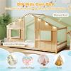 Twin-Size Kids House Natural Floor Bed- 82"x42"x51" Size, LED Light Strip (8 Warm-Glow Bulbs) for Cozy Atmosphere
