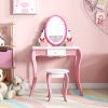 Kids Vanity Table and Stool Set with 360° Rotating Mirror and Whiteboard