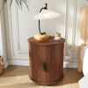 Mid Century Modern Cylinder End Table with Built-in Charging Station & Sliding Door, 2-Tier Storage Round Nightstand with USB Ports