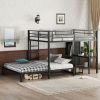 Queen over Queen Size Bunk Bed Frame with Built-in Wardrobe, Metal Bunk Bed with Desk and Storage Chairs, Black