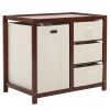 Brown painted pine wood frame children's bed with removable top, 87*53*87.5cm, includes 3 fabric drawers and 1 fabric bag, and a changing table