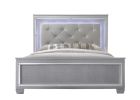 1pc Modern Queen LED Faux Leather Upholstery Panel Bed Beveled Mirror Accents Textured Footboard Silver Beige Finish