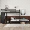 Queen over Queen Size Bunk Bed Frame with Built-in Wardrobe, Metal Bunk Bed with Desk and Storage Chairs, Black